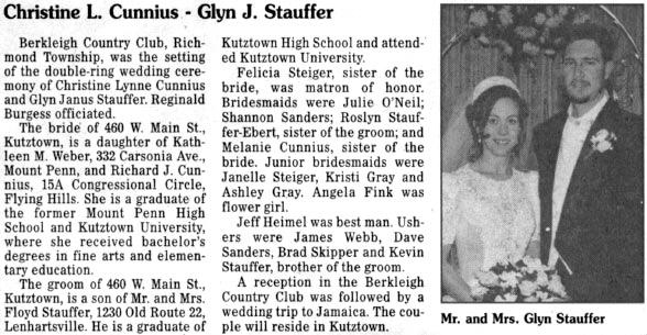 Christine Cunnius & Glyn Stauffer, Wedding Announcement