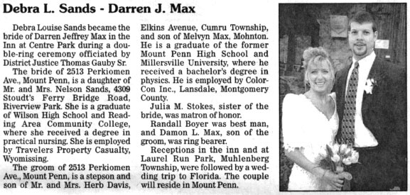 Deb and Darren Max, wedding announcement from the 6/21/98 Reading Eagle/Times