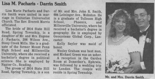 Lisa Pacharis - Darrin Smith Wedding Announcement from the Reading Eagle/Times