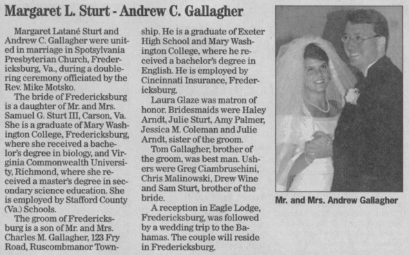 Drew & Margaret's wedding announcement from the 8/26/01 Reading Eagle/Times