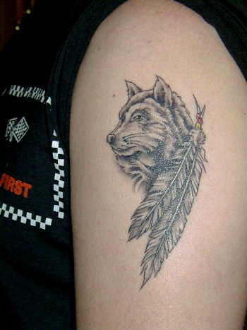 A Native American wolf tattoo.